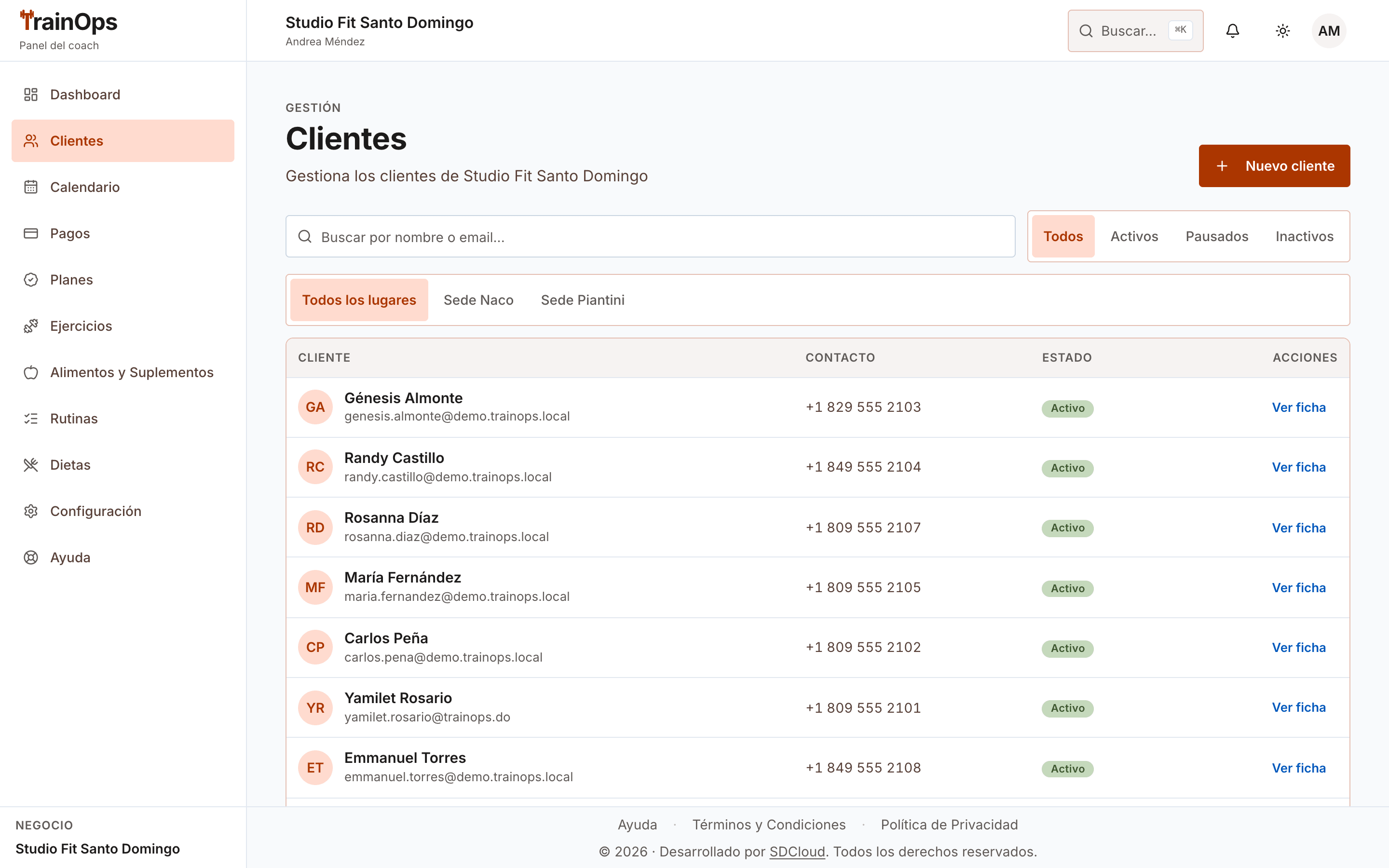 Listado de clientes de TrainOps con buscador, filtros por sucursal, estado activo y datos de contacto