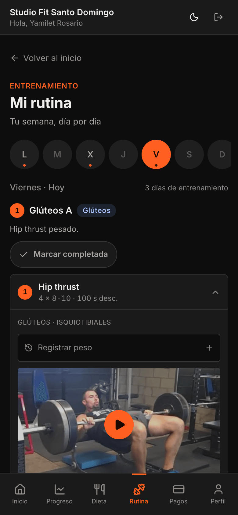 Rutina del día en el portal del cliente, con ejercicios, series y video demostrativo